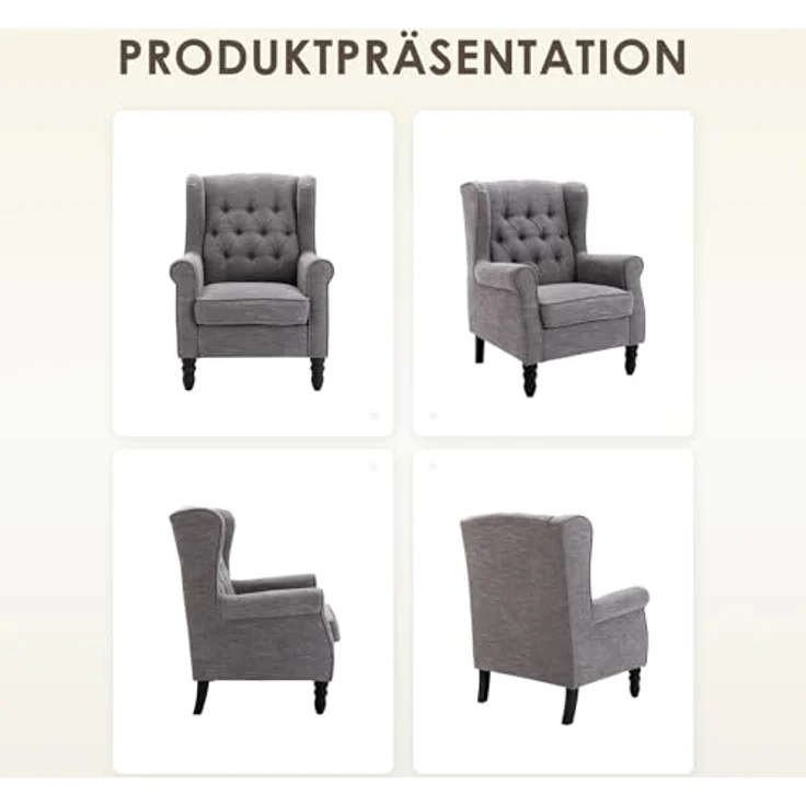 COLAMY Mid-Century Modern Sessel Wohnzimmer, Gepolsterter Wingback-Sessel mit Knopfsteppung, loungesessel Bezug aus Gewebe mit Massivholzbeinen für Wohnzimmer, Büro, Café - Dunkelgrau – Bild 6