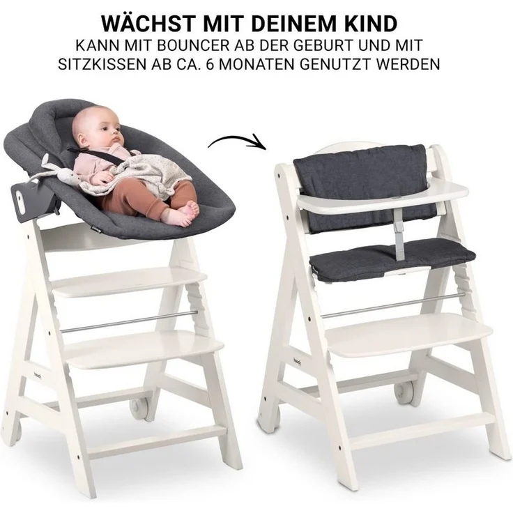 Hauck Hochstuhl Beta Plus White - Newborn Set, Babystuhl ab Geburt inkl. Aufsatz für Neugeborene, Tisch, Sitzauflage – Bild 3