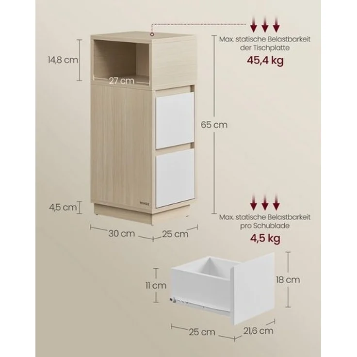 Vasagle Nachttisch, schmal, Beistelltisch mit 2 Schubladen, offenes Fach nach links oder rechts flexibel montierbar, für Schlafzimmer, Wohnzimmer, naturbeige-wolkenweiß LETDE656N01 – Bild 5