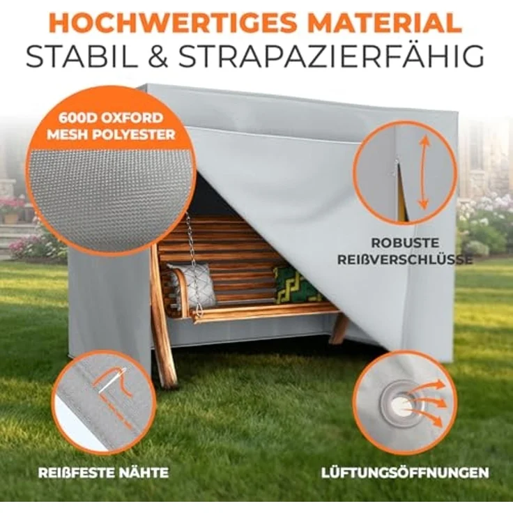 Kronenburg Hollywoodschaukel Abdeckung, 150 x 210 x 150cm, wasserdicht, Abdeckplane Gartenschaukel für 3-4 Sitzer - Wasserdicht in grau – Bild 4