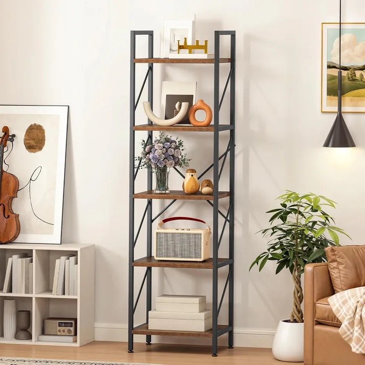 YITAHOME Bücherregal, 5-stöckiges Industrielles Standregal, Holzregale und Metallrahmen, Ausstellungsregal, Lagerregal für Wohnzimmer, Home-Office, Küche, Schlafzimmer, Vintagebraun Regal