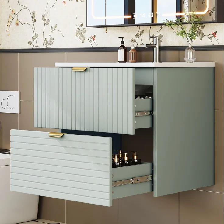 Wandhängender Waschtisch 61 x 46 x 57 cm mit Keramikbecken und zwei Schubladen – Mintgrün