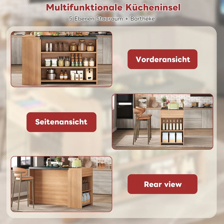 Merax 140×60×90 cm Kücheninsel Bartheke, Bartisch, Esstisch, 5 Ebenen Stauraum & versteckte Schublade, verdickte Tischplatte, Eiche & Schwarz – Bild 6