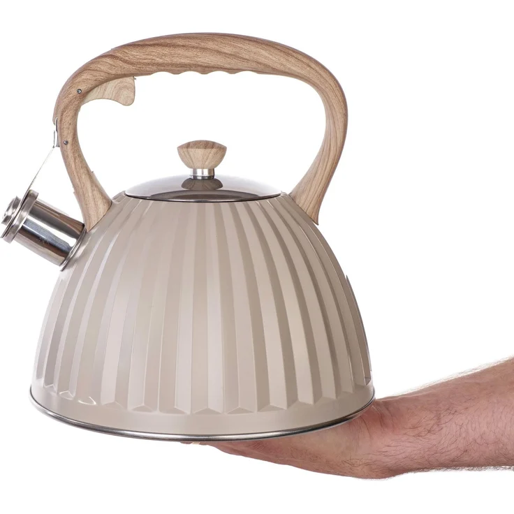 KADAX Wasserkessel 2,8L aus Edelstahl, Teekessel mit Pfeife, abnehmbarem Deckel & hitzebeständigem Griff in Holzoptik, Flötenkessel für alle gängigen Herdarten (Beige) – Bild 4