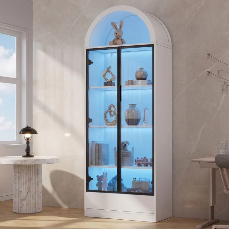 Vitrine 70x38x190 cm in Weiß mit LED-App-Steuerung, Glastüren und Schublade – Bild 2