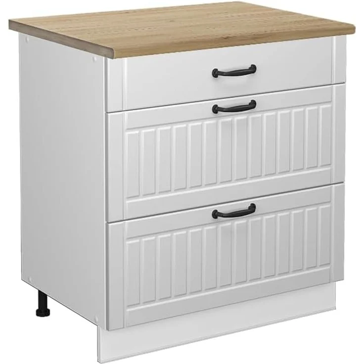 Vicco Küchenunterschrank Fame-Line, Weiß Landhaus/Weiß, 80 cm mit 3 Schubladen, AP Eiche – Bild 1