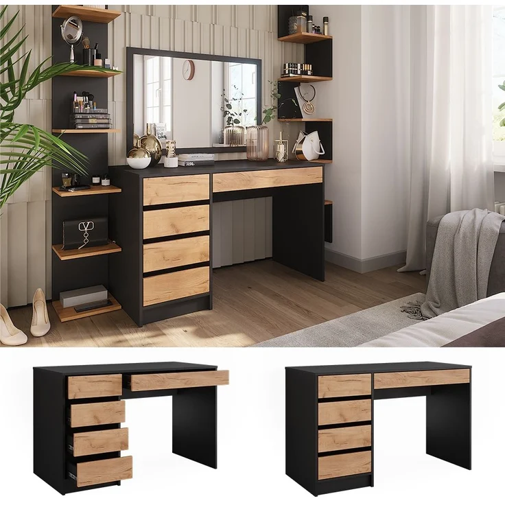 Schminktisch Sherry Anthrazit/Goldkraft Eiche 120 x 75 cm ohne Spiegel Vicco – Bild 2