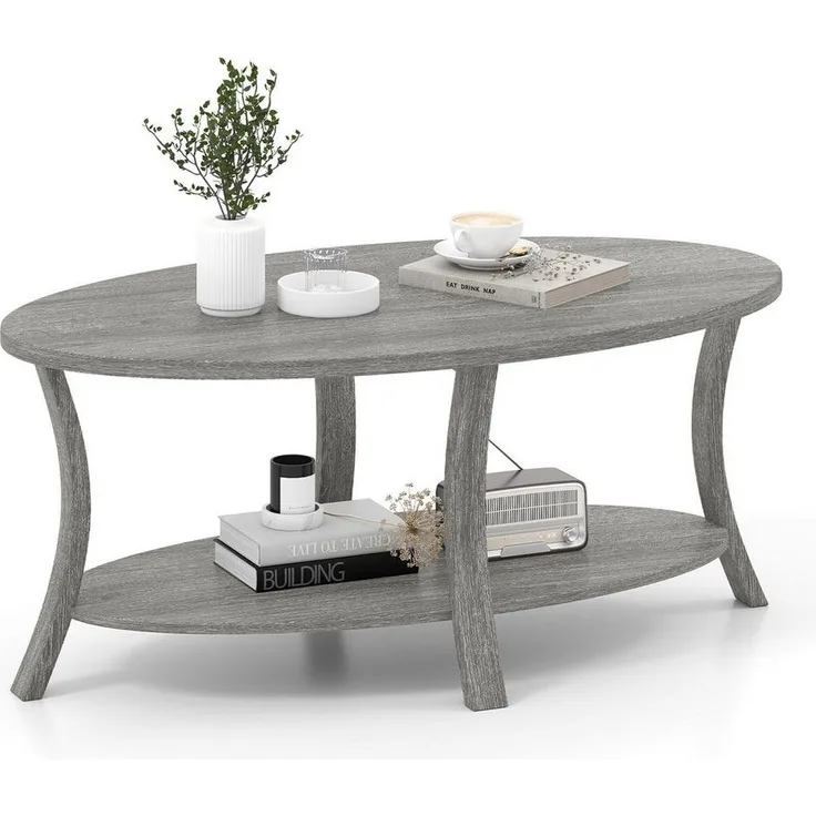 COSTWAY Couchtisch, ovaler Wohnzimmertisch mit Ablage, Holz