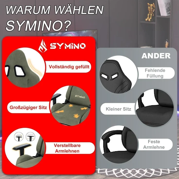 Symino Gaming Stuhl Bürostuhl Hochwertiger Stoff Grün Kunstfell – Bild 6