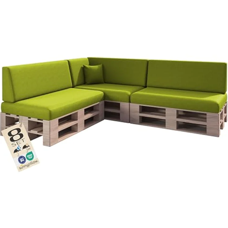 sunnypillow Palettenkissen mit abnehmbarem Bezug UV - beständig Outdoor wasserdicht Kaltschaum Palettenauflage Palettenpolster Palettensofa Sitzkissen Rückenlehne 8er Set 120x80 Grün – Bild 1
