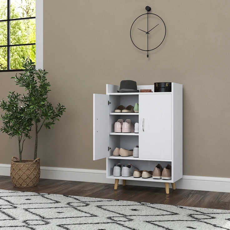 Schuhschrank Schuhkommode schmal 30cm mit Holztür 3 Regalen Massivholzbeinen kippfest – Bild 2