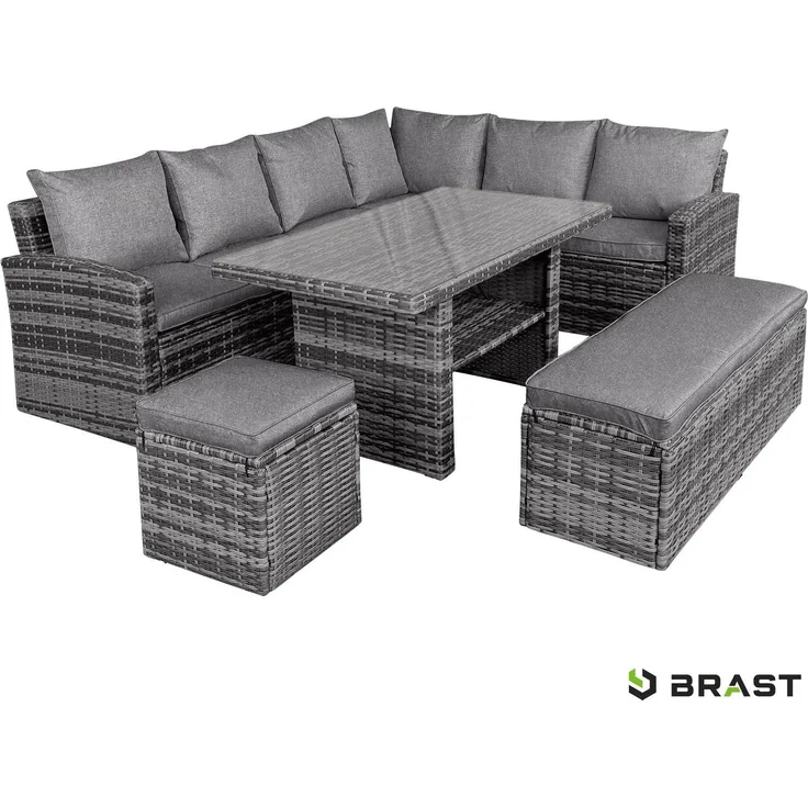 BRAST Gartenmöbel Set Eco Grau/Anthrazit bis zu 9 Personen inkl. extra Dicke Kissen Outdoor Loungemöbel Sitzgruppe Essgruppe Garnitur
