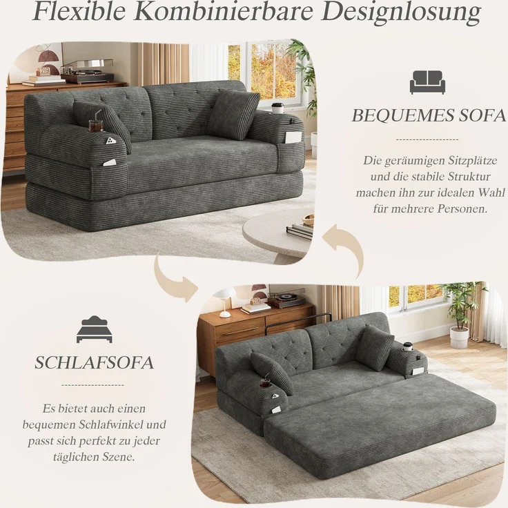 TavilaEcon 2-Sitzer Schlafsofa, komprimiertes Cord Sofa mit hoher Rückenlehne grau 81 × 80 × 168 cm (H × T × B) – Bild 3