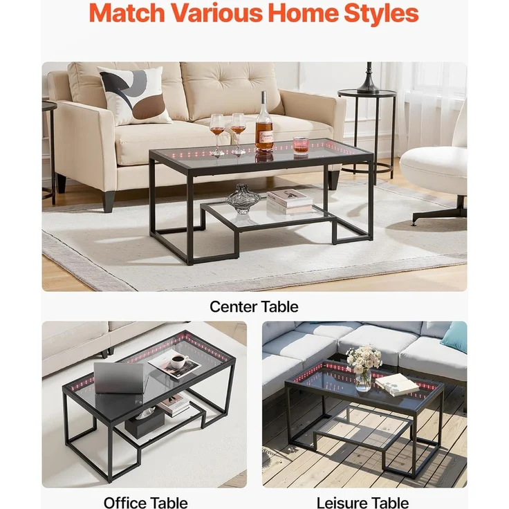 VEVOR Couchtisch Beistelltisch aus gehärtetem Glas mit Beleuchtung, rechteckiger Glastisch mit Zwei Ebenen & offenem Stauraum, Kaffeetisch aus Metall für Wohnzimmer Büro 100 x 51 x 48 cm Schwarz – Bild 8