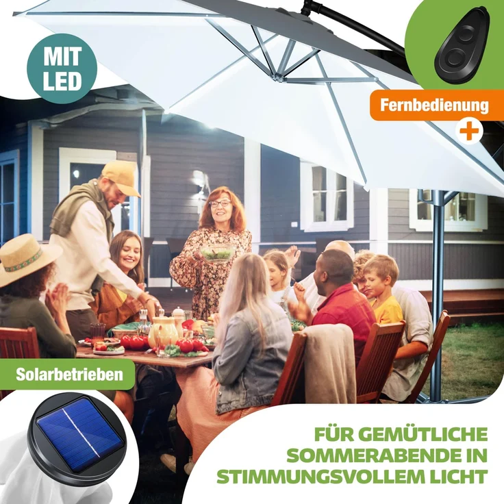 KESSER® Alu Ampelschirm LED Solar + Abdeckung mit Kurbelvorrichtung UV-Schutz Aluminium mit An-/Ausschalter Wasserabweisend - Sonnenschirm Schirm Gartenschirm 300cm, Weiß – Bild 8