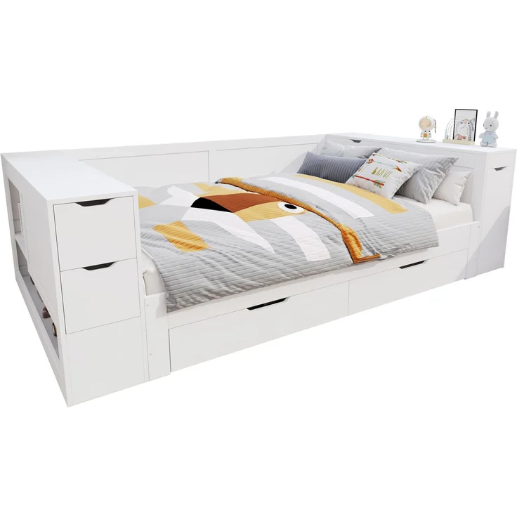 CHICFURN Bett aus MDF Weiß 140x200 cm mit Stauraum und Lattenrost – Bild 7