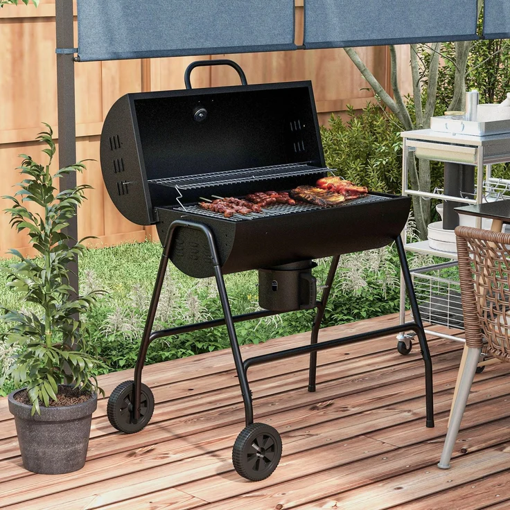 JARDJ Holzkohlegrill aus Metall BBQ Smoker mit Deckel Thermometer Räder Grillwagen 95x71,5x102 cm Schwarz – Bild 3