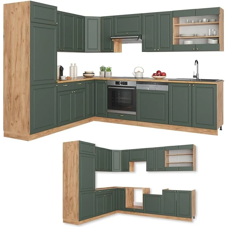 Eckküche Fame-Line Grün-Gold Landhaus/Goldkraft Eiche 287 x 227 cm ohne Arbeitsplatte Vicco – Bild 5