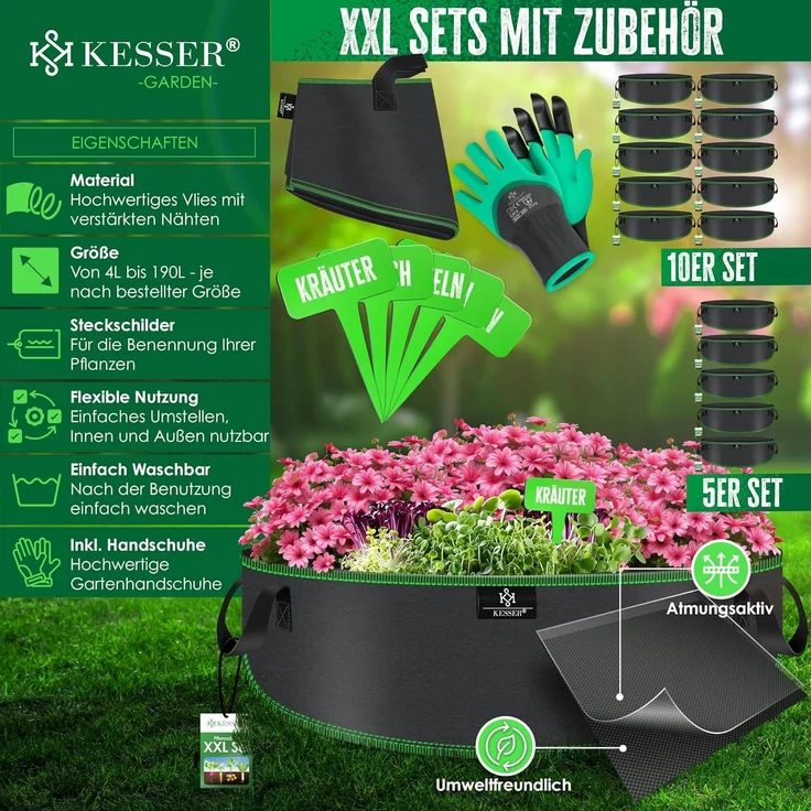 KESSER Pflanzkübel, 5er-Set, Pflanzsäcke aus Vlies Kartoffel Pflanzsack Pflanztasche, 60L, 60x25 cm – Bild 2