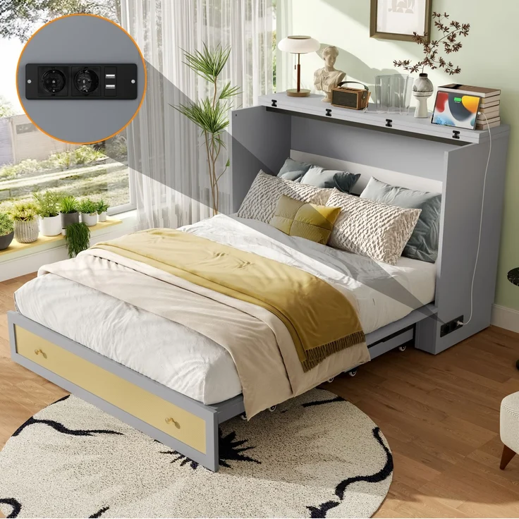 CHICFURN Bett MDF Grau 140x200 cm mit Schubladen, USB-Anschluss und Steckdose – Bild 3