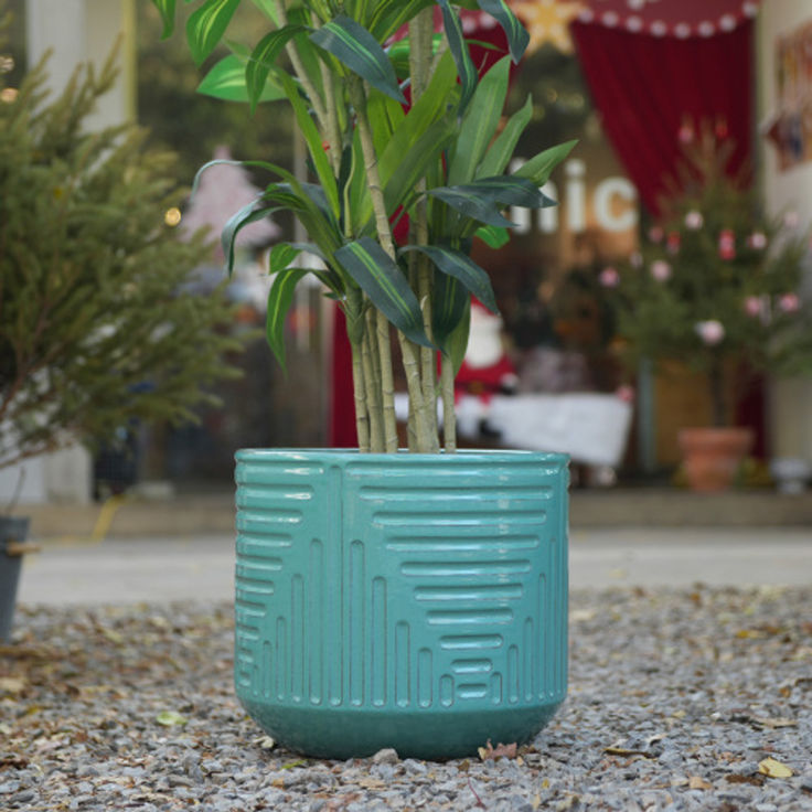 Wohnora-Großer Keramik Blumentopf Ø 42 cm, handglasiert mit türkisfarbengrüner Hochglanzoberfläche und geometrischem Rillenmuster, atmungsaktiv & frostsicher, mit Ablaufloch für Palmen und Gummibäume,H 365cm x T 42cm x B 42cm,Cyan – Bild 5