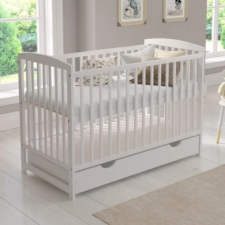 Weiß Babybett Gitterbett mit Schublade 120x60 + Schaumstoffmatratze + Sicherheitsgitter aus Holz + Schutzhülle