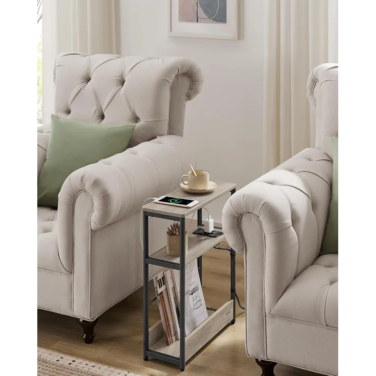 VASAGLE Beistelltisch schmal, Nachttisch mit Ladefunktion, Couchtisch klein, 3 Ablagen, Zeitschriftenhalter, für Wohnzimmer, Schlafzimmer, Arbeitszimmer, Greige meliert-tintenschwarz LET335K05 – Bild 2