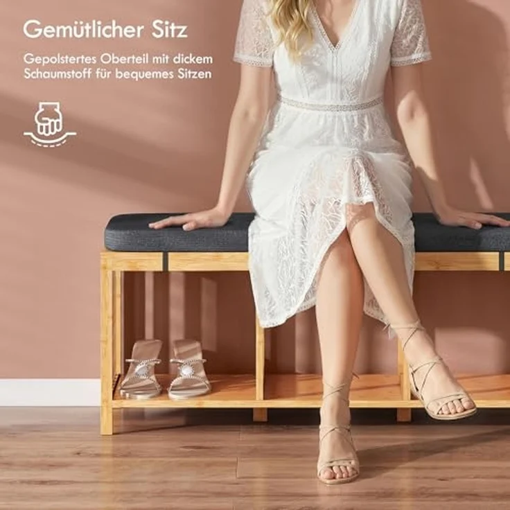 HOMCOM Schuhbank mit Sitzfläche, Schuhregal mit Stauraum, Sitzbank aus Bambus mit offener Ablage, Leinenoptik für Flur und Eingangsbereich, 102 x 33 x 45 cm, Naturholz – Bild 4