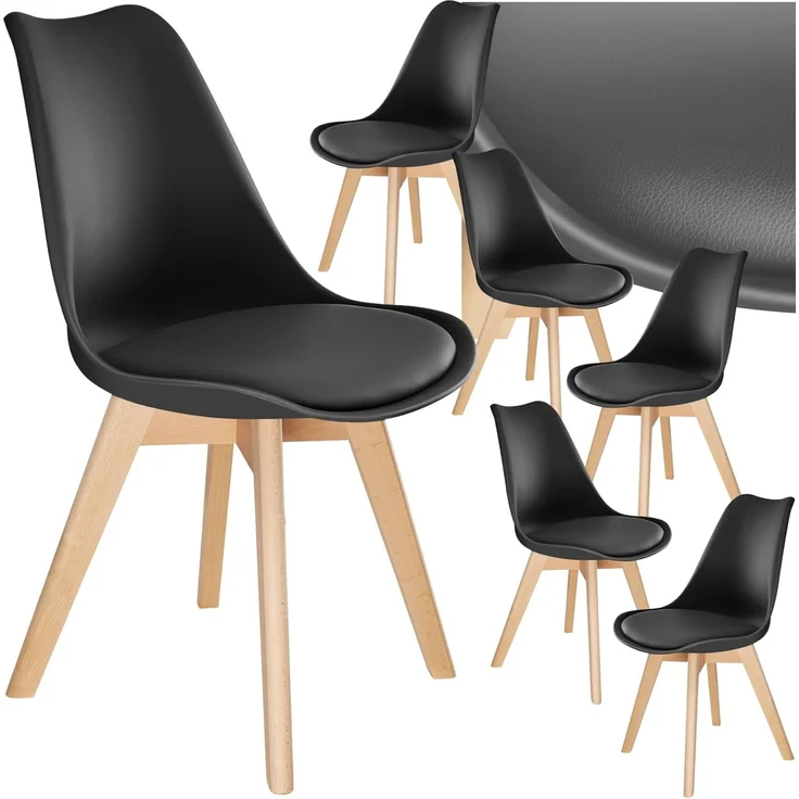 tectake Esszimmerstuhl Küchenstuhl Scandi-Design, gepolsterte Sitzfläche, 49 x 53 x 82 cm (Polsterstuhl Frederikke in schwarz, 6 St), ergonomische Form, massive Holzbeine, bodenschonende Filzgleiter – Bild 1