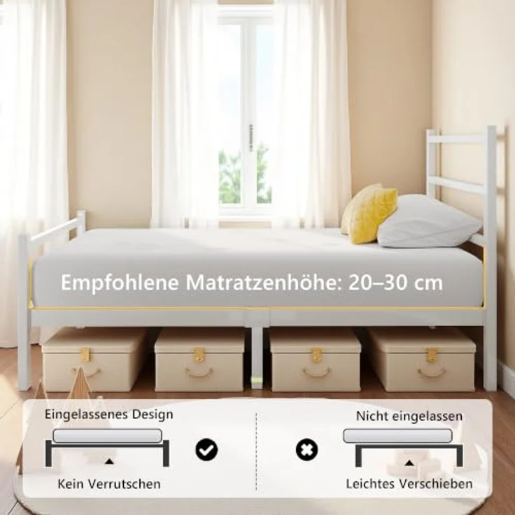 Feonase Einzelbettgestell aus Metall mit stilvollem Kopfteil und Fußteil, Einzelbettgestell, einfache Montage, reichlich Stauraum unter dem Bett (Weiß, 90x200 cm) – Bild 7