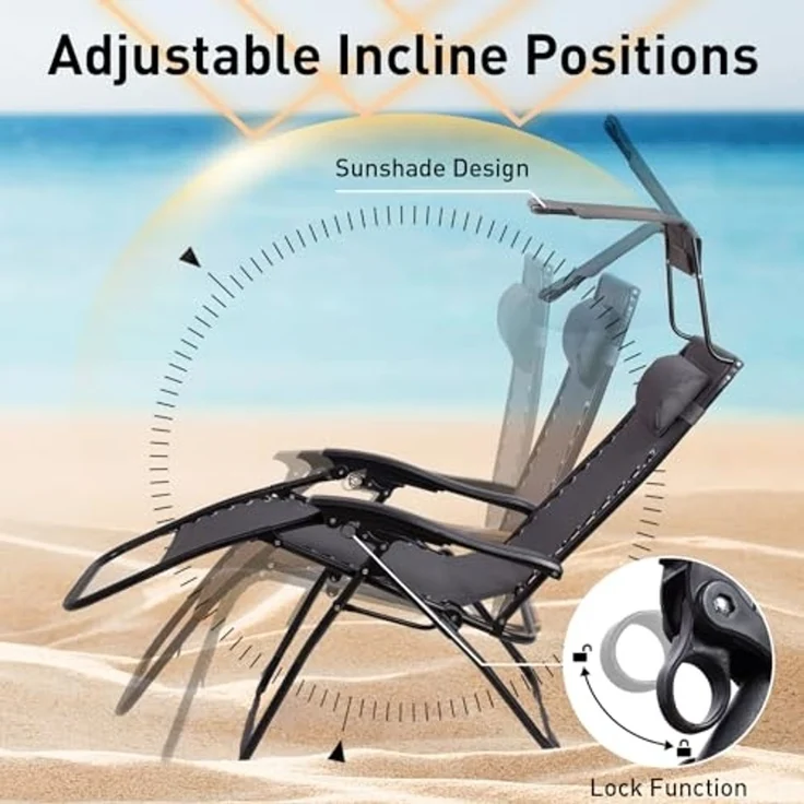 Todeco Liegestuhl klappbar mit Sonnenschutz, Sonnenstuhl mit abziehbare Kissen, Max Belastbarkeit 100kg, Strandliegestuhl leicht, Grau – Bild 5