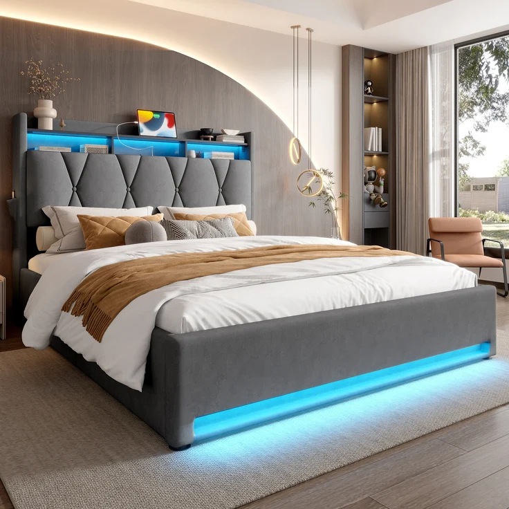 LVHOM Polsterbett 140x200cm mit LED&USB, Doppelbett mit versteckten Stauraum, Stauraumbett mit Lattenrost, Jugendbett mit Bettkasten, Samtstoff, Beige – Bild 10