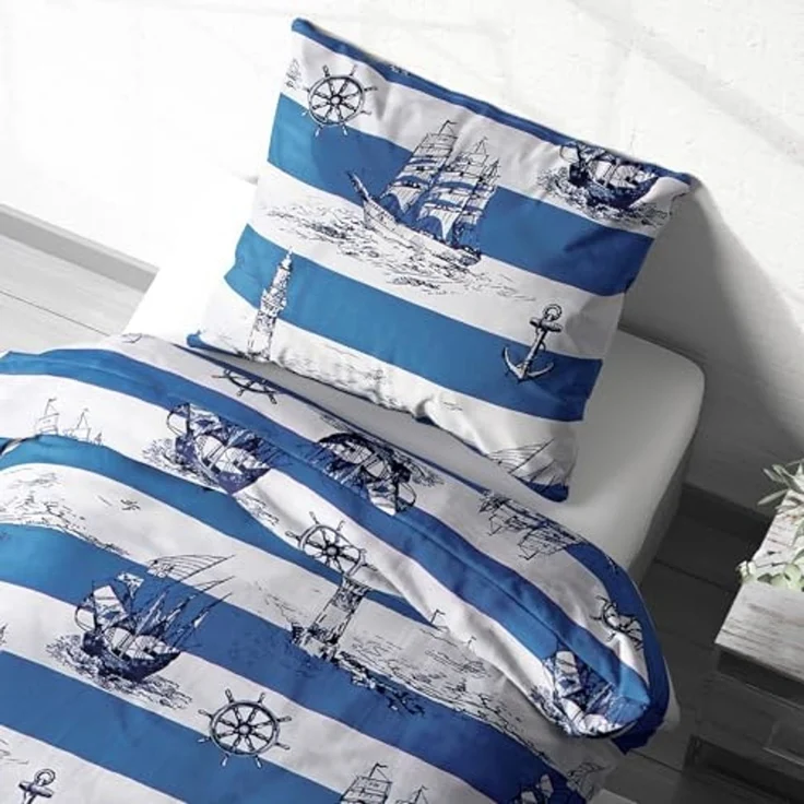 Heubergshop Bettwäsche, Renforcé, 2 teilig, 155x220cm + 80x80cm Leuchtturm Maritime Anker Schiff Baumwolle (736-2) – Bild 2