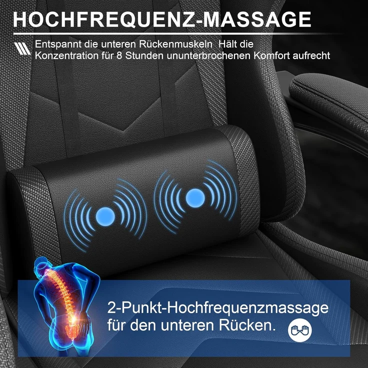 Devoko Massage Gaming Stuhl, Computer Bürostuhl mit Fußstütze, Racing Gamer Stuhl 150kg Belastbarkeit, 90-135° Rückenlehne einstellbar Ergonomischer PC Stuhl, 360° drehbar, Schwarz – Bild 4