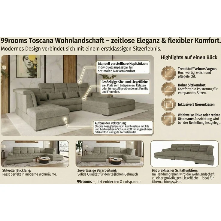 99rooms Toscana Wohnlandschaft Strukturstoff NEVE Anthrazit Links mit Schlaffunktion Lieferung Wohnung – Bild 3