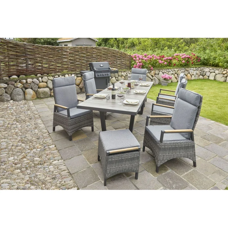 Hocker Fußbank Nizza braun Polyrattan Teak Garten wetterfest – Bild 3