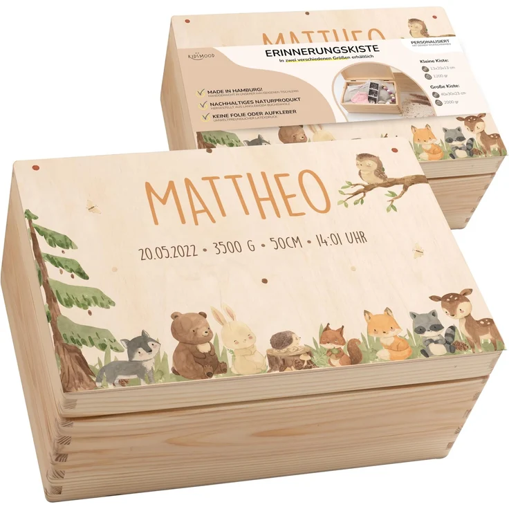KIDSMOOD - Erinnerungsbox Baby, personalisierte Holzkiste mit Deckel, Ideal zur Aufbewahrung von Erinnerungen und als Geschenk zur Geburt, Taufe oder als Geburtstagsgeschenk für Mädchen und Jungen