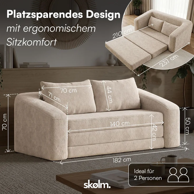 skølm 'Fjäll' Schlafsofa 2 Sitzer mit 2 Kissen, beige, Teddy-Bouclé Sofa ausklappbar, mit Liegefunktion, vakuumverpackt ohne Aufbau – Bild 9