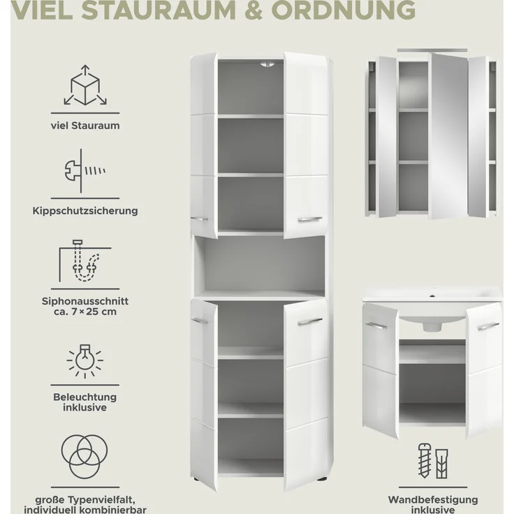 Badezimmer-Set >Ice< in Weiß / Weiß Hochglanz - 135x185x46cm (BxHxT) – Bild 10