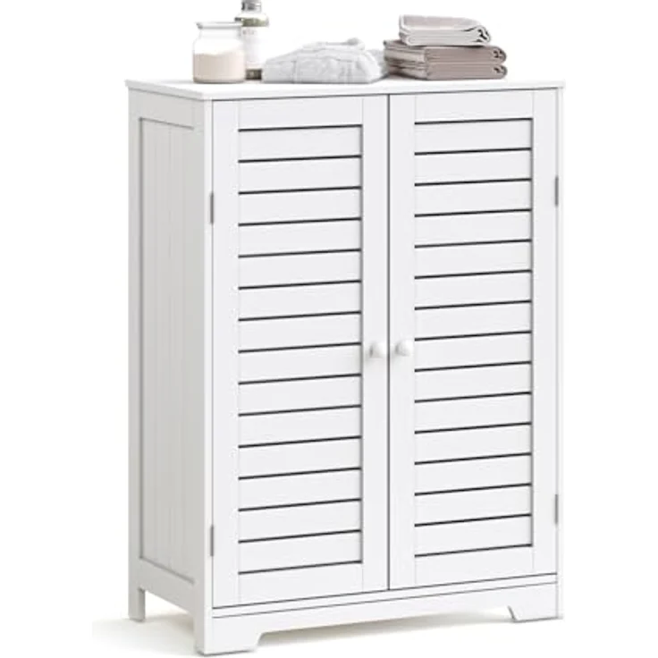 Mondeer Badkommode Badezimmerschrank, mit 2 Lamellentüren und 2 Einlegeböden,60 x 30 x 80 cm, Weiß – Bild 2