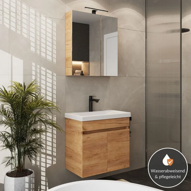 Planetmöbel Badmöbel-Set Badmöbel Set - Waschtisch mit Spiegelschrank 63 cm, (Waschbecken mit Unterschrank, 3-St, Spiegelschrank Bad mit Beleuchtung) – Bild 2