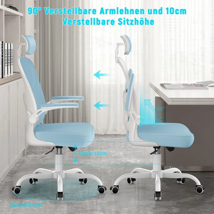 Botifly Ergonomischer Bürostuhl mit Kopfstütze, Mesh-Gewebe, Hellblau, 90°-120° Wippfunktion, 10 cm Höhenverstellbar – Bild 4