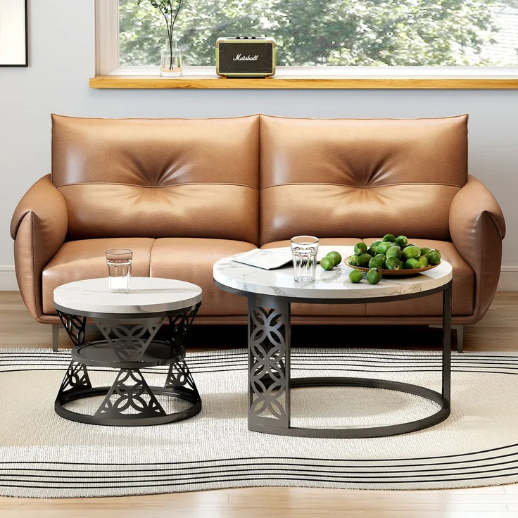 2er-Set Couchtisch aus Marmor-Furnier mit Metallrahmen & Kontrastdesign, 70x70x45 cm + 45x45x37 cm