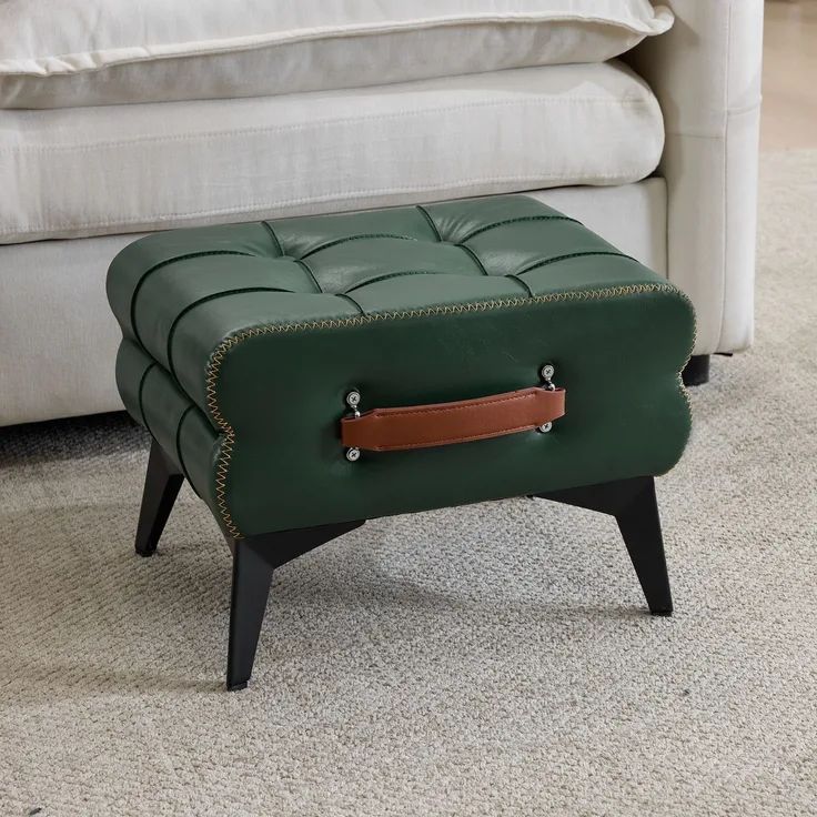 Tragbarer Fußhocker aus grünem Leder mit Metallbeinen, Multifunktionaler Fußhocker, Mehrzweck-Schuhwechselhocker für Wohn- und Schlafzimmer, Einfache Form, passend für verschiedene Wohnstile.--Grün--43x33x30cm--YOUDENOVA