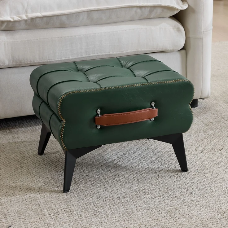 Tragbarer Fußhocker aus grünem Leder mit Metallbeinen, Multifunktionaler Fußhocker, Mehrzweck-Schuhwechselhocker für Wohn- und Schlafzimmer, Einfache Form, passend für verschiedene Wohnstile.--Grün--43x33x30cm--YOUDENOVA – Bild 1