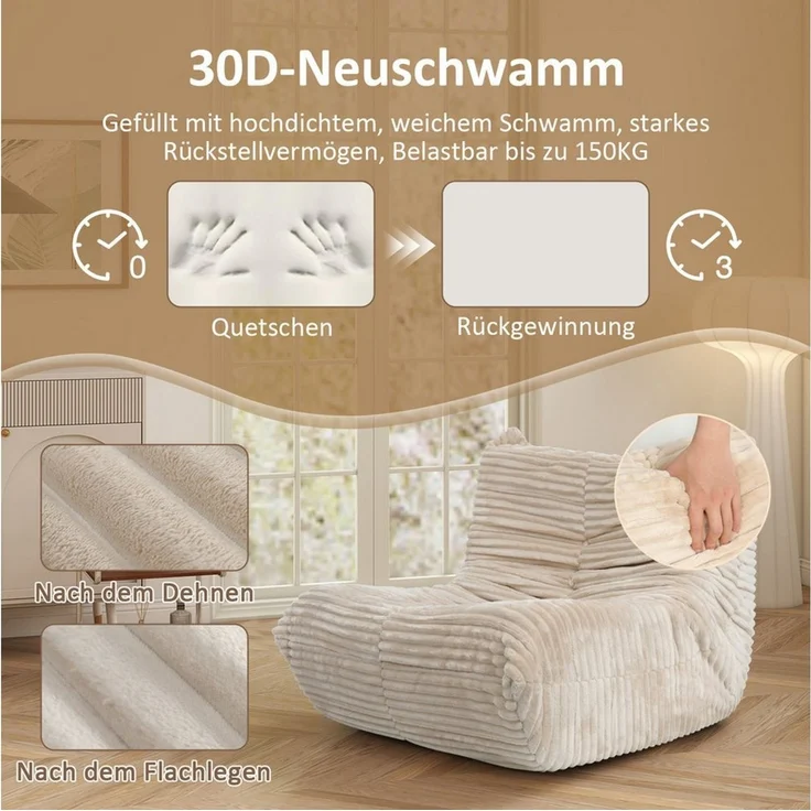 Puluomis Sitzsack XXL Riesen Beanbag Sessel 90 x 100 cm mit 30D Neuschwamm-Füllung (und seitlichen Taschen, für das Wohnzimmer beige) – Bild 3