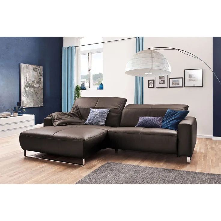 KAWOLA Sofa YORK Leder Life-line elephant Rec links Fuß Metall Chrom matt mit Sitztiefenverstellung 85 x 111 x 284 cm