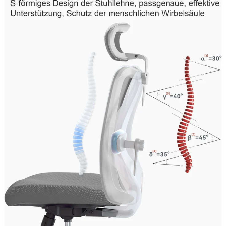 Sihoo Ergonomischer Stuhl M18, 130 x 74 cm, weißer Rahmen + graues Netzgewebe – Bild 8