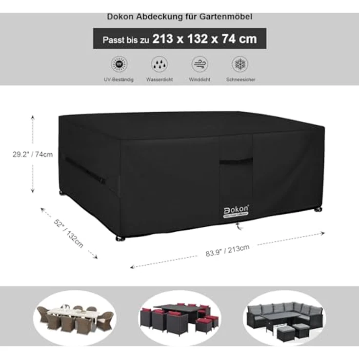Dokon Gartenmöbel Abdeckung mit Belüftungsöffnungen Wasserdicht Winddicht UV-Beständiges Schwerlast 600D Oxford Gewebe Schutzhülle für Gartentisch Sitzgruppe, Rechteckig (213 x 132 x 72 cm) - Schwarz – Bild 3