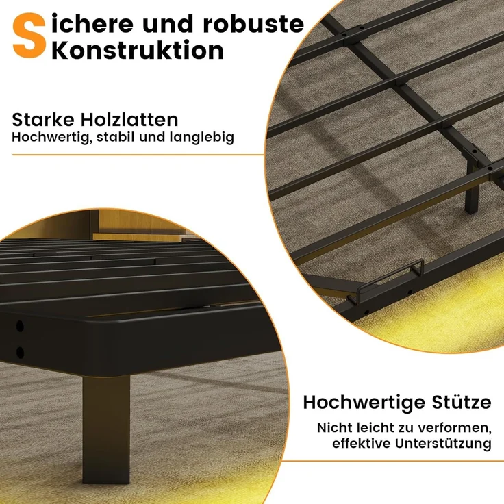 COMHOMA Bettrahmen Metallbett Gästebett Bettgestell aus Metall, mit LED & Steckdosen, Jugendbett 120x190, App & Fernbedienung, stabile Konstruktion mit Lattenrost, 180 kg – Bild 6